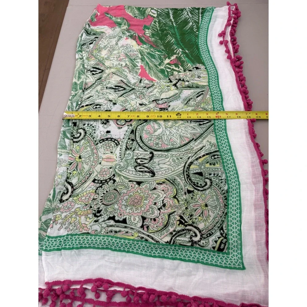 Shiraleah Chicago Paisley Palm Print Pink Green Pom Pom Trim Viscose Swim Cover